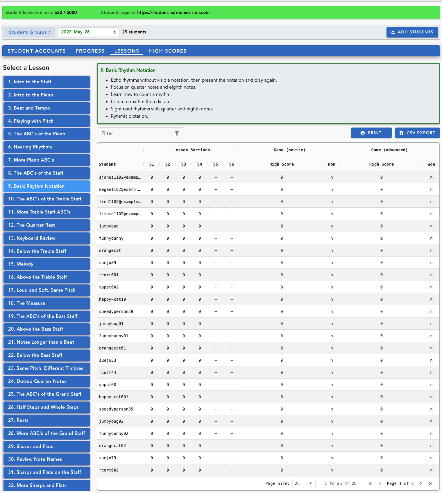 Teacher dashboard: one lesson, progress and game scores for every student in the group