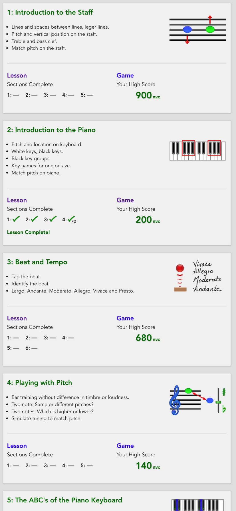 Lesson and game menu with completion status and high scores