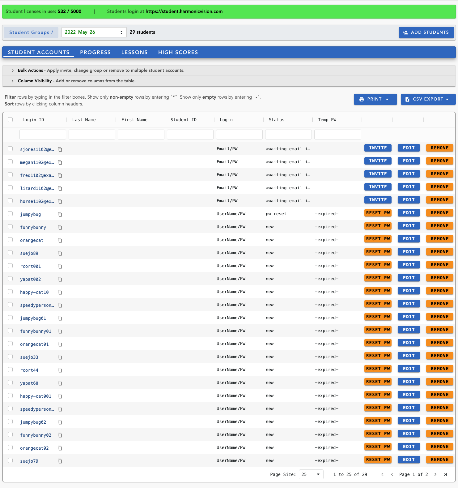 Teacher dashboard: the student roster for a group