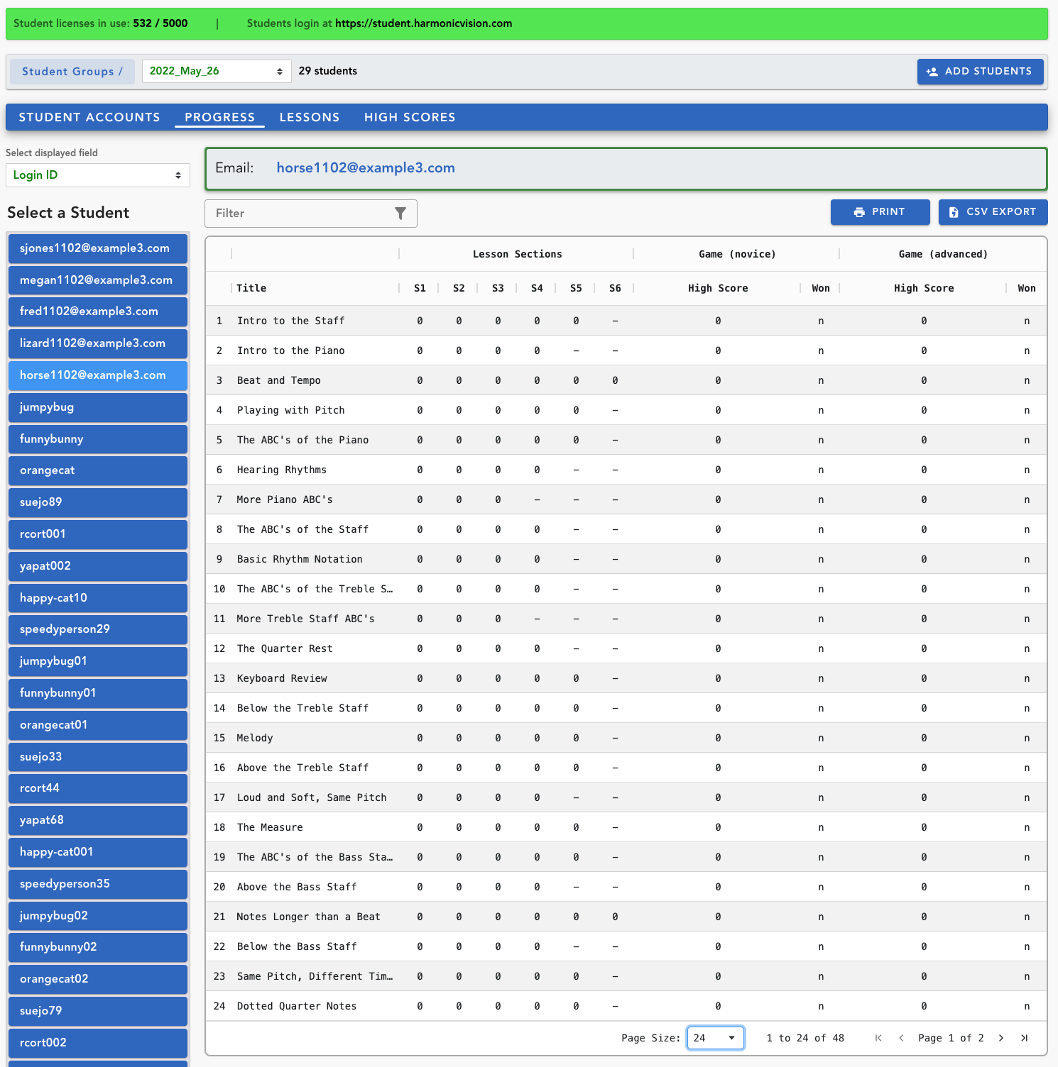 Teacher dashboard: one student, every lesson and game