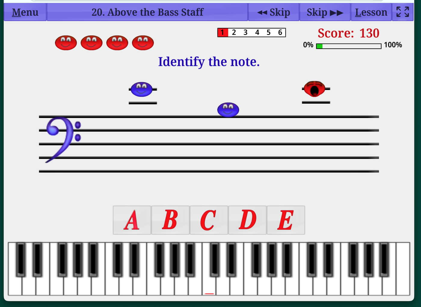 A Music Ace game: identify the note above the bass staff, with a score
