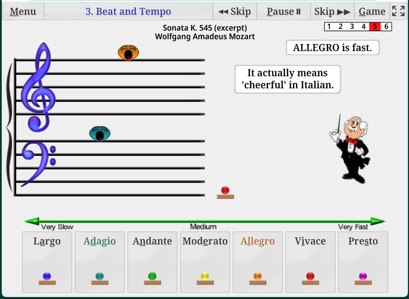 Lesson 3, Beat and Tempo: Maestro Max explains that Allegro means fast